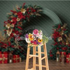 Aperturee - Aperturee Modern Christmas Floral Arch Photography Backdrop Red and Gold Poinsettia Half-Arch Elegant Holiday Photo Background