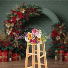 Aperturee - Aperturee Modern Christmas Floral Arch Photography Backdrop Red and Gold Poinsettia Half-Arch Elegant Holiday Photo Background
