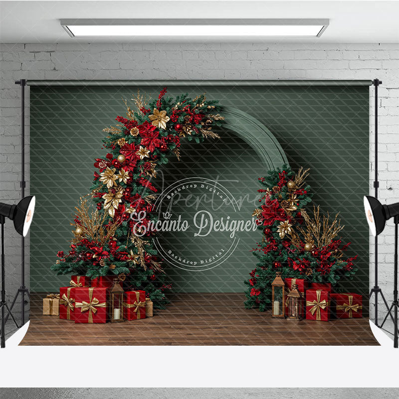 Aperturee - Aperturee Modern Christmas Floral Arch Photography Backdrop Red and Gold Poinsettia Half-Arch Elegant Holiday Photo Background
