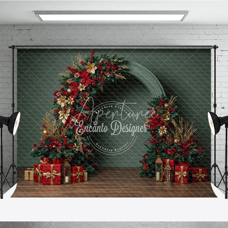 Aperturee - Aperturee Modern Christmas Floral Arch Photography Backdrop Red and Gold Poinsettia Half-Arch Elegant Holiday Photo Background