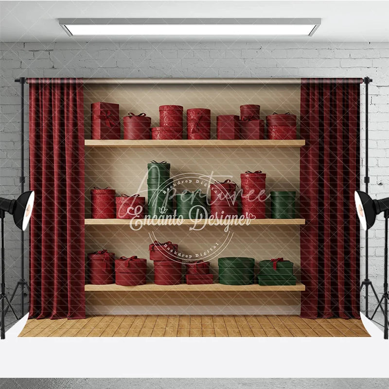 Aperturee - Aperturee Modern Christmas Gift Wall Photography Backdrop Shelves of Red and Green Presents Holiday Boutique Photo Background