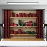 Aperturee - Aperturee Modern Christmas Gift Wall Photography Backdrop Shelves of Red and Green Presents Holiday Boutique Photo Background
