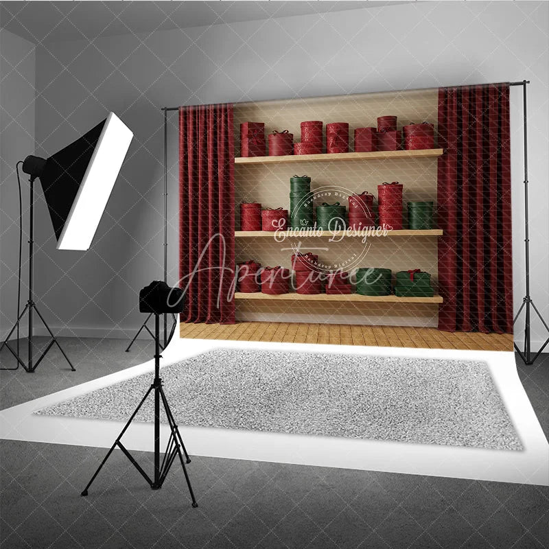 Aperturee - Aperturee Modern Christmas Gift Wall Photography Backdrop Shelves of Red and Green Presents Holiday Boutique Photo Background