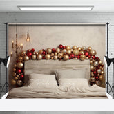 Aperturee Aperturee Modern Christmas Headboard Photography Backdrop Red and Gold Balloon Garland Rustic Chic Bedroom Photo Prop