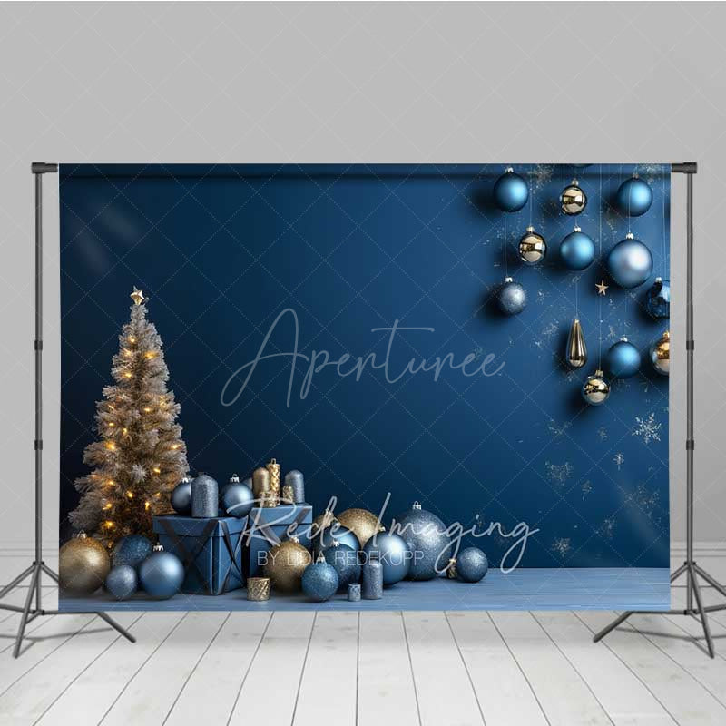 Aperturee - Aperturee Modern Christmas Photography Backdrop Blue and Gold Ornaments with Gifts Minimalist Holiday Studio Photo Prop