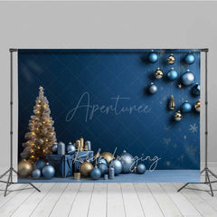 Aperturee - Aperturee Modern Christmas Photography Backdrop Blue and Gold Ornaments with Gifts Minimalist Holiday Studio Photo Prop