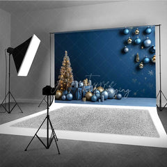 Aperturee - Aperturee Modern Christmas Photography Backdrop Blue and Gold Ornaments with Gifts Minimalist Holiday Studio Photo Prop