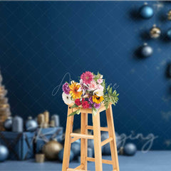 Aperturee - Aperturee Modern Christmas Photography Backdrop Blue and Gold Ornaments with Gifts Minimalist Holiday Studio Photo Prop