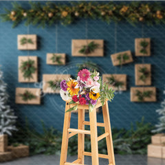 Aperturee - Aperturee Modern Christmas Photography Backdrop Blue Wall with Hanging Kraft Paper Presents Flocked Trees Holiday Background