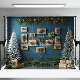 Aperturee - Aperturee Modern Christmas Photography Backdrop Blue Wall with Hanging Kraft Paper Presents Flocked Trees Holiday Background