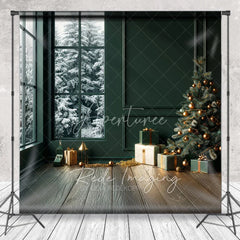 Aperturee - Aperturee Modern Christmas Photography Backdrop Dark Green Room with Snowy Window Minimalist Holiday Tree Background
