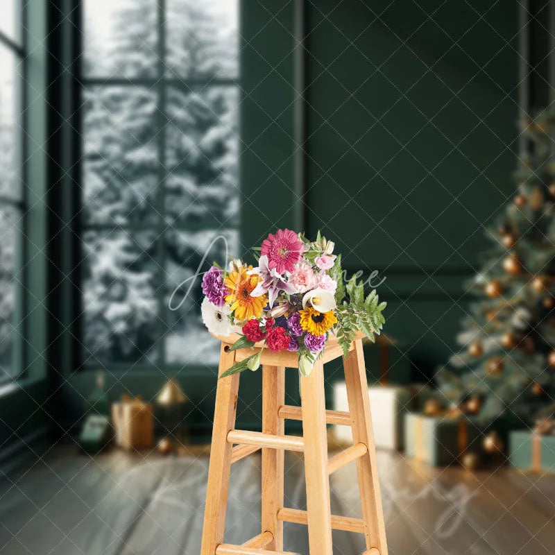 Aperturee - Aperturee Modern Christmas Photography Backdrop Dark Green Room with Snowy Window Minimalist Holiday Tree Background