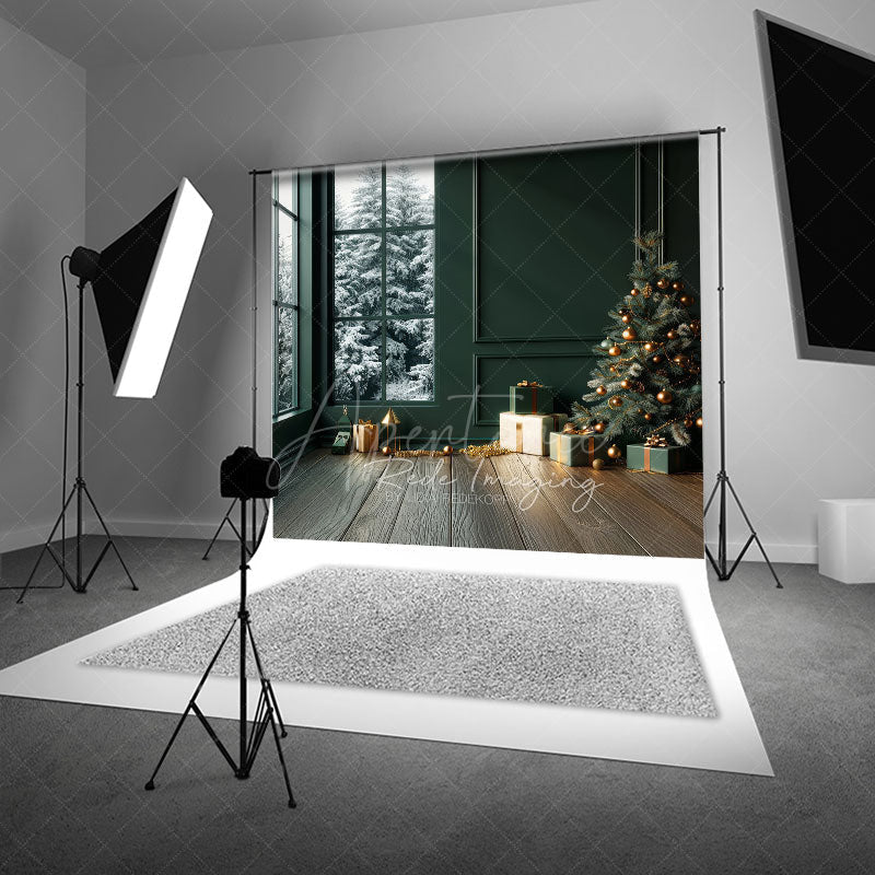 Aperturee - Aperturee Modern Christmas Photography Backdrop Dark Green Room with Snowy Window Minimalist Holiday Tree Background