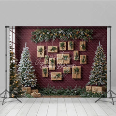 Aperturee - Aperturee Modern Christmas Photography Backdrop Red Wall with Hanging Kraft Paper Presents Flocked Trees Holiday Background