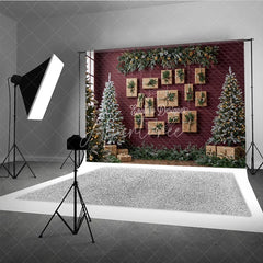 Aperturee - Aperturee Modern Christmas Photography Backdrop Red Wall with Hanging Kraft Paper Presents Flocked Trees Holiday Background