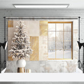 Aperturee Aperturee Modern Christmas Photography Backdrop Window with Snowy Scene and Frosted Tree Neutral Holiday Studio Photo Prop
