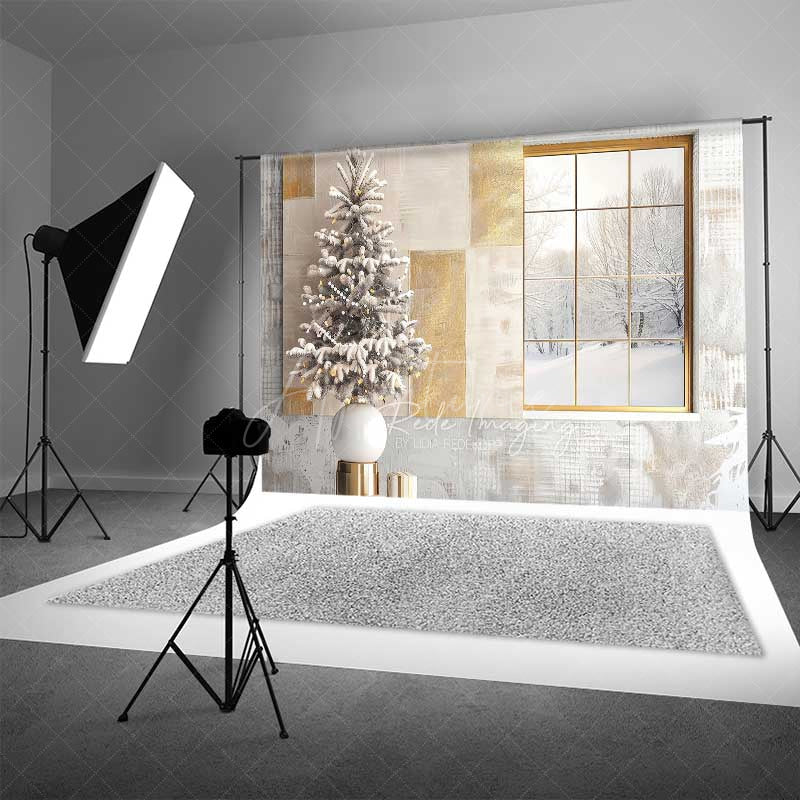 Aperturee Aperturee Modern Christmas Photography Backdrop Window with Snowy View and Frosted Tree Neutral Holiday Studio Photo Prop