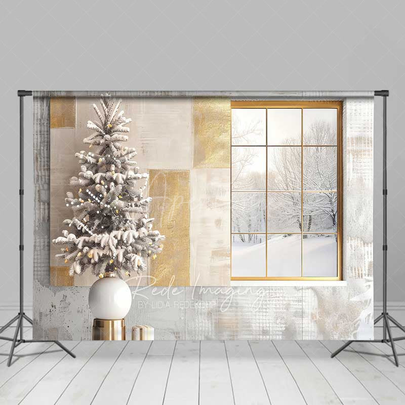 Aperturee Aperturee Modern Christmas Photography Backdrop Window with Snowy View and Frosted Tree Neutral Holiday Studio Photo Prop