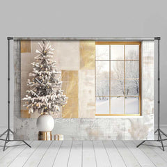 Aperturee Aperturee Modern Christmas Photography Backdrop Window with Snowy View and Frosted Tree Neutral Holiday Studio Photo Prop