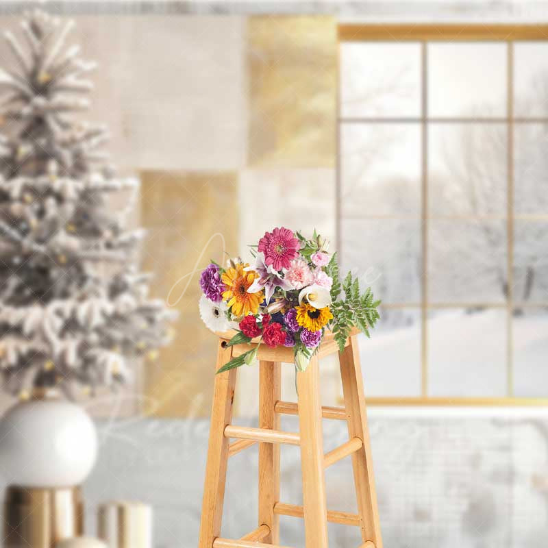Aperturee Aperturee Modern Christmas Photography Backdrop Window with Snowy View and Frosted Tree Neutral Holiday Studio Photo Prop