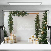 Aperturee - Aperturee Modern Christmas Photography Backdrop Wood Arch with Garland and Trees Minimalist Holiday Photo Background