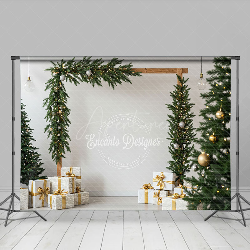 Aperturee - Aperturee Modern Christmas Photography Backdrop Wood Arch with Garland and Trees Minimalist Holiday Photo Background