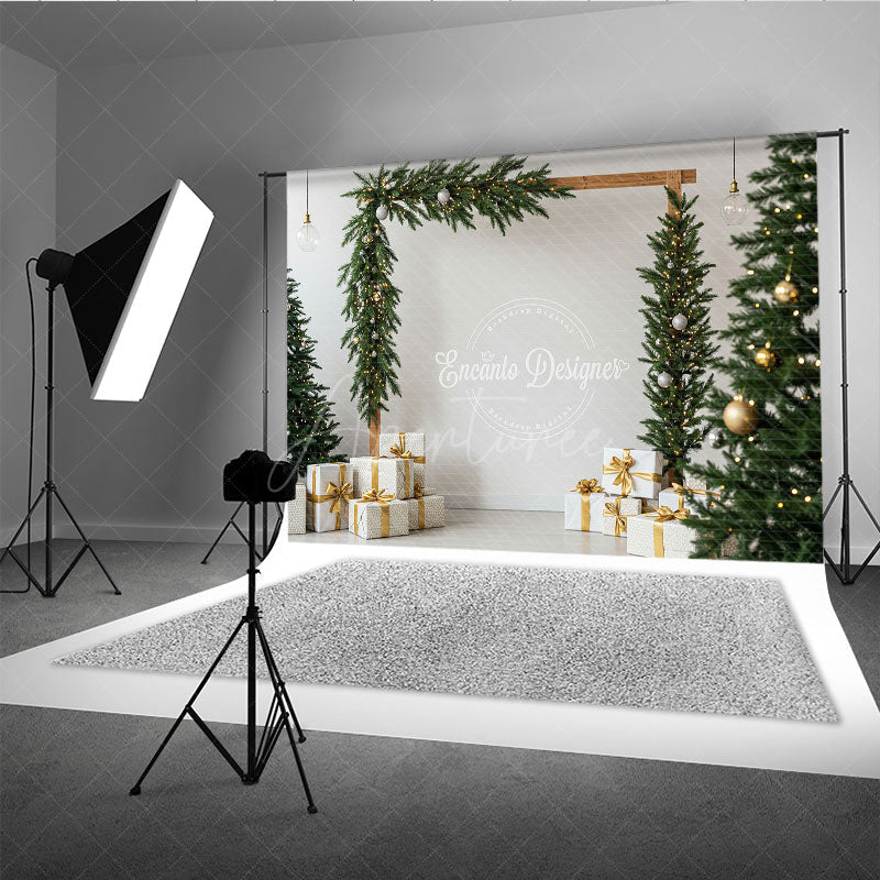 Aperturee - Aperturee Modern Christmas Photography Backdrop Wood Arch with Garland and Trees Minimalist Holiday Photo Background