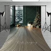 Aperturee - Aperturee Modern Christmas Room Sweep Backdrop Dark Green Wall with Snowy Window Holiday Mini Session Floor Drop