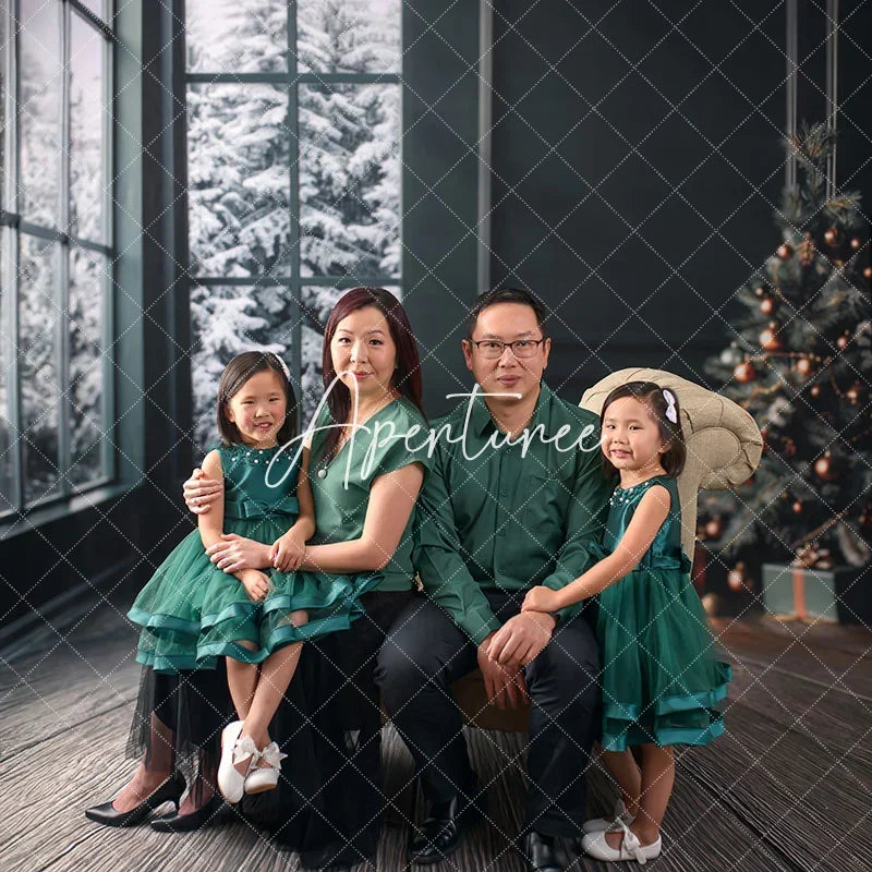 Aperturee - Aperturee Modern Christmas Room Sweep Backdrop Dark Green Wall with Snowy Window Holiday Mini Session Floor Drop