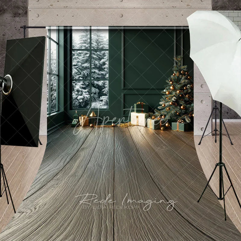 Aperturee - Aperturee Modern Christmas Room Sweep Backdrop Dark Green Wall with Snowy Window Holiday Mini Session Floor Drop