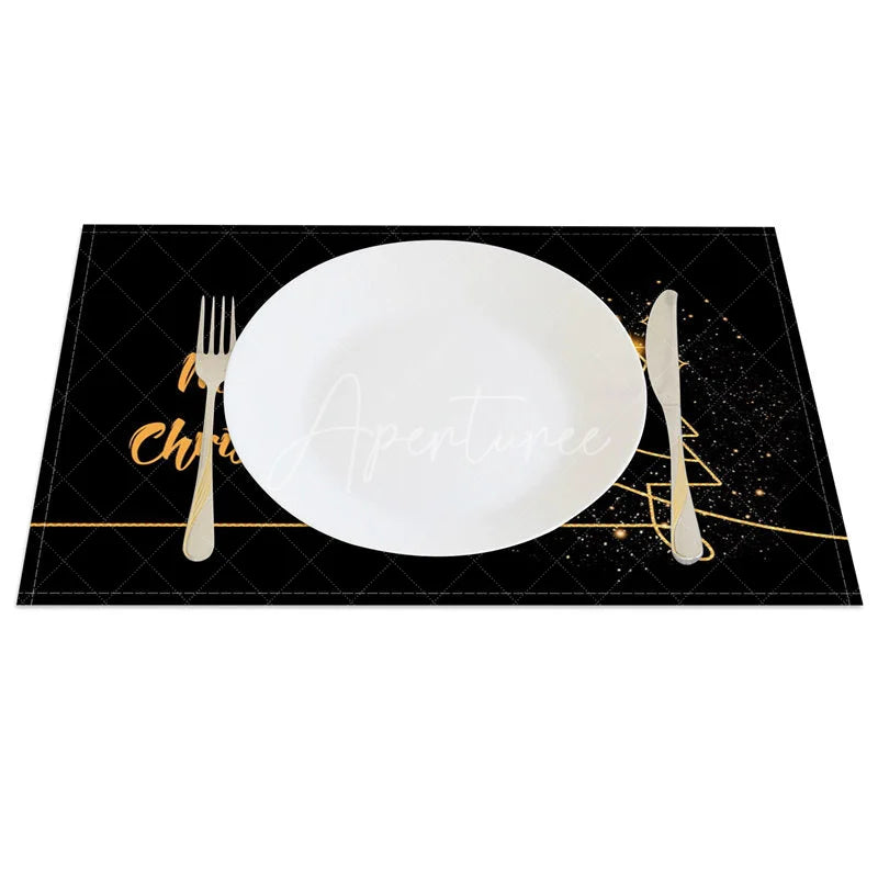 Aperturee - Aperturee Modern Christmas Set of 4 Placemats Black and Gold Sparkling Tree Elegant Holiday Table Mats Decor