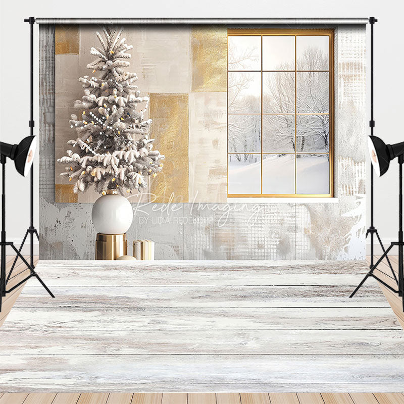 Aperturee Aperturee Modern Christmas Window and Floor Combo Set Backdrop Frosted Tree with Snowy View Holiday Studio Photo Prop
