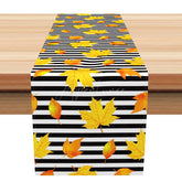 Aperturee - Aperturee Modern Fall Table Runner with Yellow Maple Leaves and Black White Stripes for Autumn Dining Decor