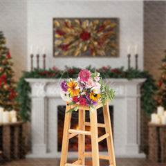 Aperturee - Aperturee Modern Farmhouse Christmas Fireplace Photography Backdrop White Mantle with Trees Rustic Holiday Background