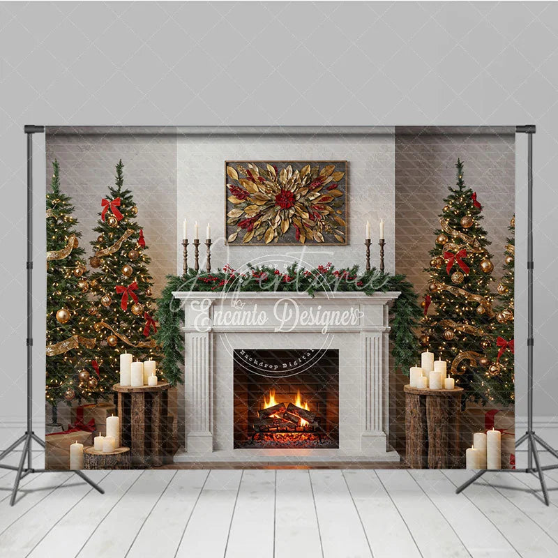 Aperturee - Aperturee Modern Farmhouse Christmas Fireplace Photography Backdrop White Mantle with Trees Rustic Holiday Background