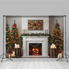Aperturee - Aperturee Modern Farmhouse Christmas Fireplace Photography Backdrop White Mantle with Trees Rustic Holiday Background