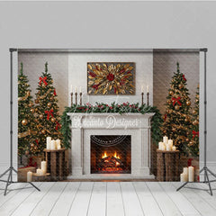 Aperturee - Aperturee Modern Farmhouse Christmas Fireplace Photography Backdrop White Mantle with Trees Rustic Holiday Background