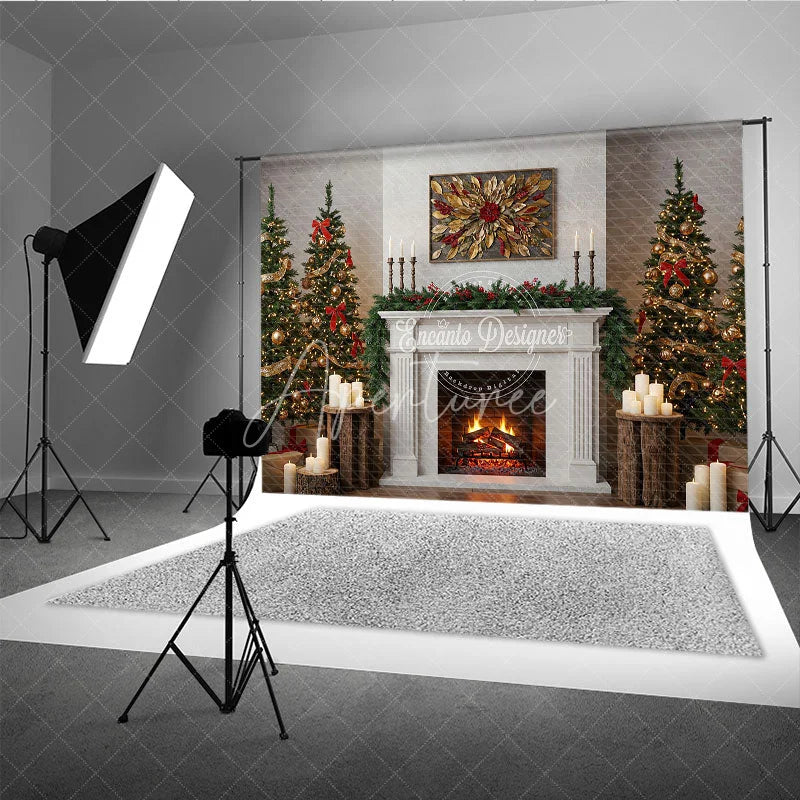 Aperturee - Aperturee Modern Farmhouse Christmas Fireplace Photography Backdrop White Mantle with Trees Rustic Holiday Background