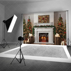 Aperturee - Aperturee Modern Farmhouse Christmas Fireplace Photography Backdrop White Mantle with Trees Rustic Holiday Background