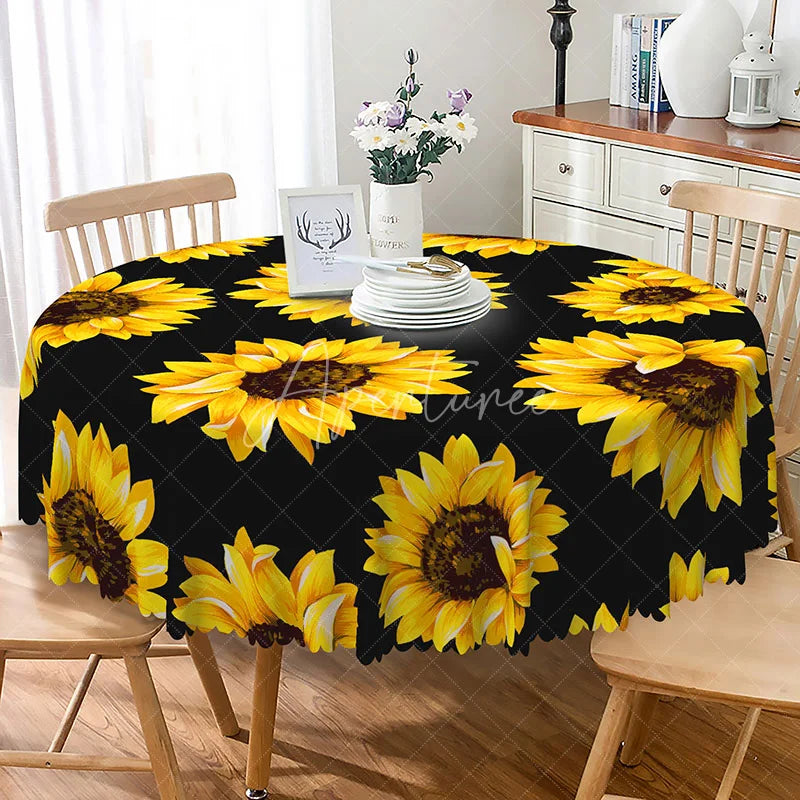 Aperturee - Aperturee Modern Farmhouse Sunflower Round Tablecloth in Black and Yellow for Summer Kitchen and Dining Table Decor
