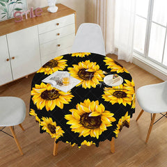 Aperturee - Aperturee Modern Farmhouse Sunflower Round Tablecloth in Black and Yellow for Summer Kitchen and Dining Table Decor
