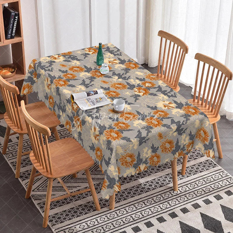 Aperturee - Aperturee Modern Floral Rectangle Tablecloth Grey with Orange Chrysanthemums Contemporary Botanical Dining Decor