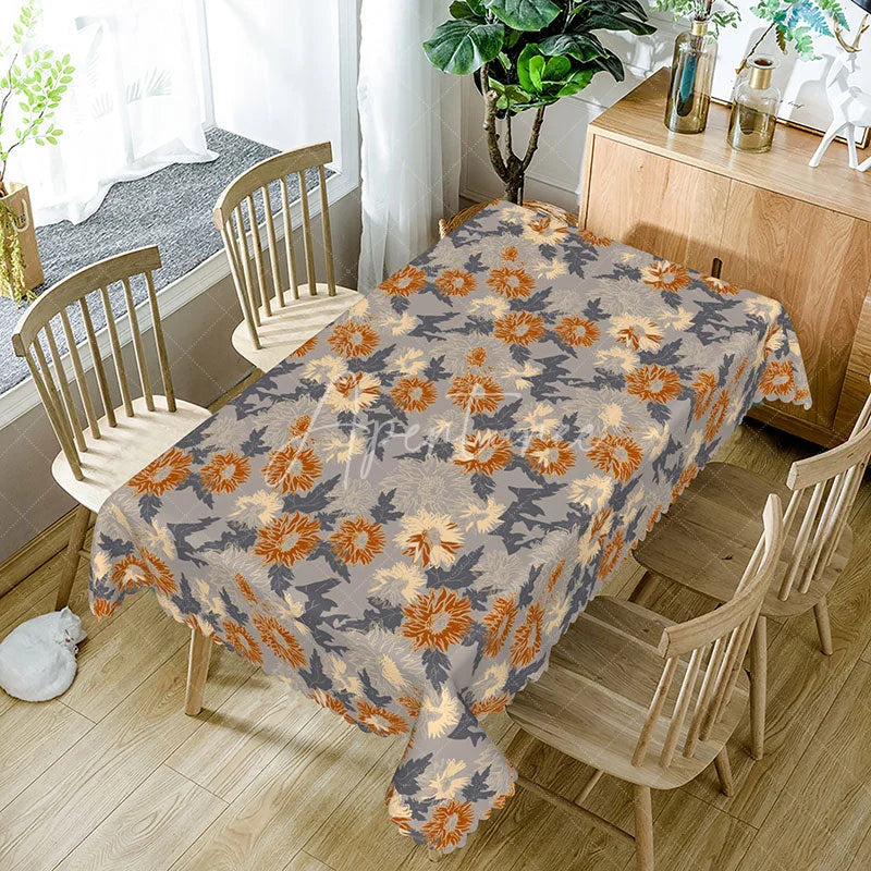 Aperturee - Aperturee Modern Floral Rectangle Tablecloth Grey with Orange Chrysanthemums Contemporary Botanical Dining Decor