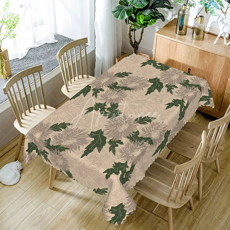 Aperturee - Aperturee Modern Floral Rectangle Tablecloth Tan with Grey and Green Botanicals Minimalist Neutral Kitchen Decor