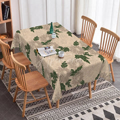 Aperturee - Aperturee Modern Floral Rectangle Tablecloth Tan with Grey and Green Botanicals Minimalist Neutral Kitchen Decor