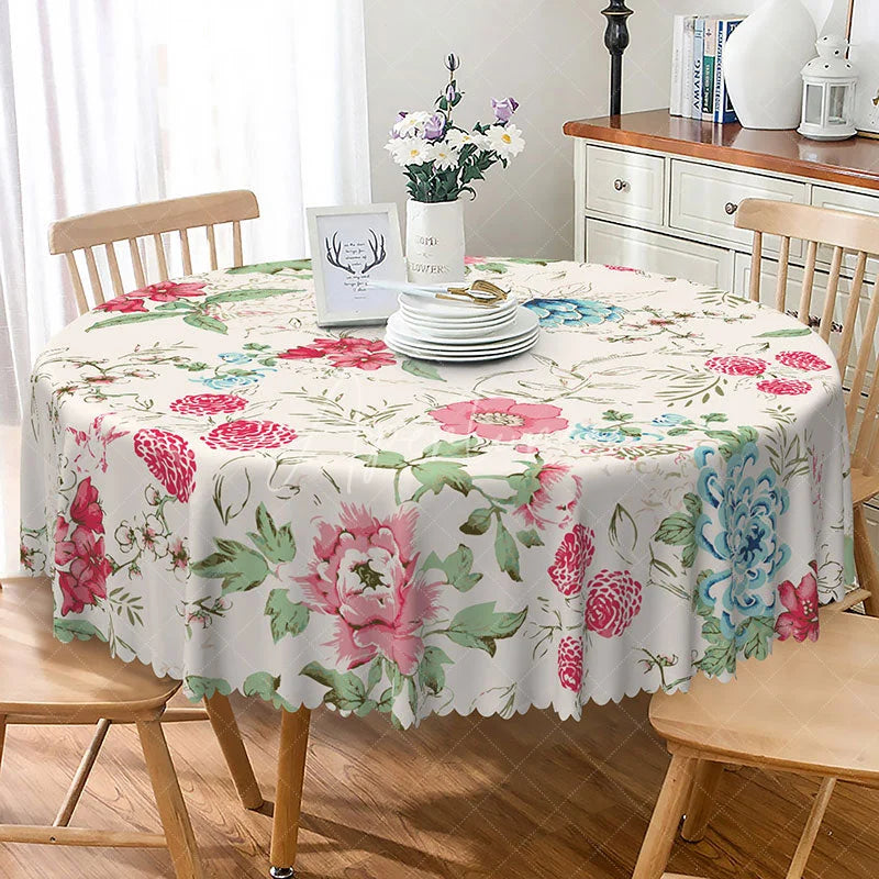 Aperturee - Aperturee Modern Floral Round Tablecloth in Pink and Blue for Spring Baby Shower and Garden Party Decorations
