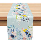 Aperturee - Aperturee Modern Floral Table Runner in Blue and Pink Simple Watercolor Botanical Print for Spring Kitchen Decor