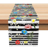 Aperturee - Aperturee Modern Floral Table Runner with Black and White Stripes Colorful Flowers Bold Kitchen Dining Decor