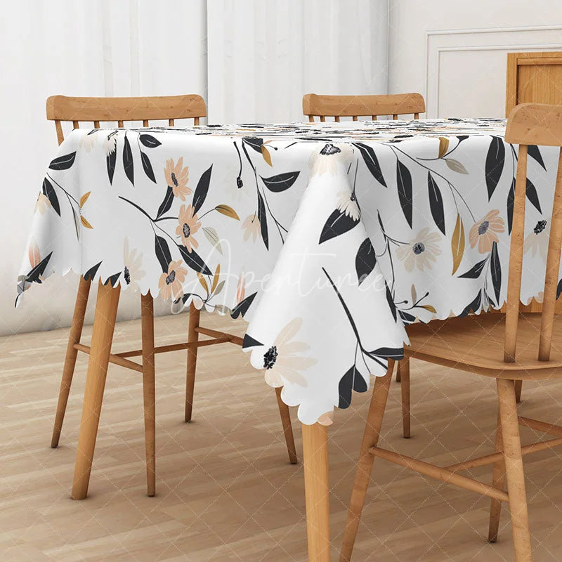 Aperturee - Aperturee Modern Floral Tablecloth with Black and White Botanical Print for Minimalist and Elegant Dining Decor