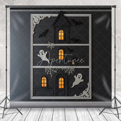 Aperturee - Aperturee Modern Framed Haunted House Photography Backdrop Minimalist Ghost and Bat Decor Spooky Chic Wall Art Background